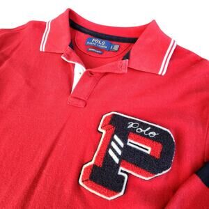 VTG RALPH LAUREN MENS SHIRT POLO LARGE P PATCH LETTERMAN VARSITY NEW YORK RED LG